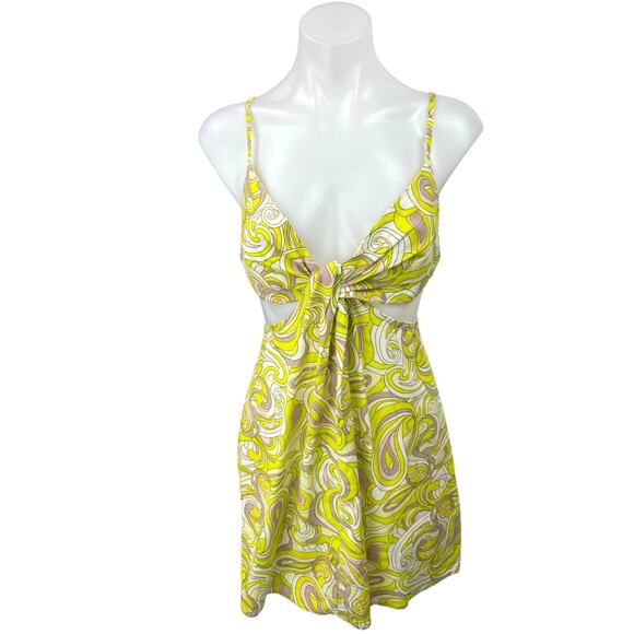 ASOS Design Yellow Linen Sleeveless Paisley Knot Front Cut Out Mini Sun Dress 6 - Picture 5 of 9